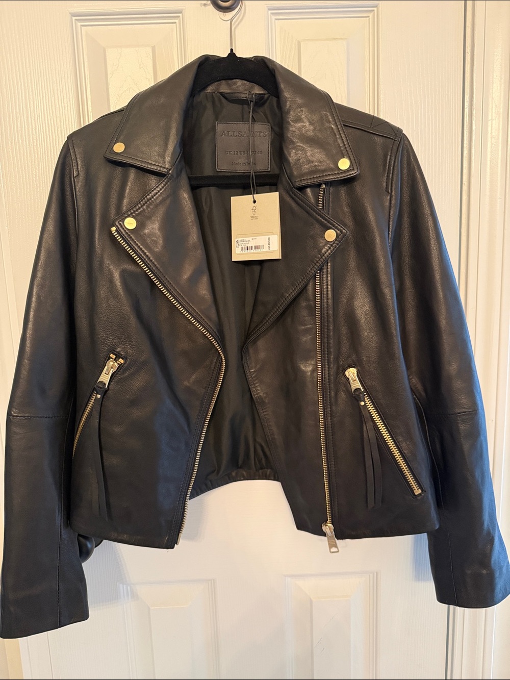 AllSaints Black Leather Asymmetric Biker Jacket with Gold Hardware
